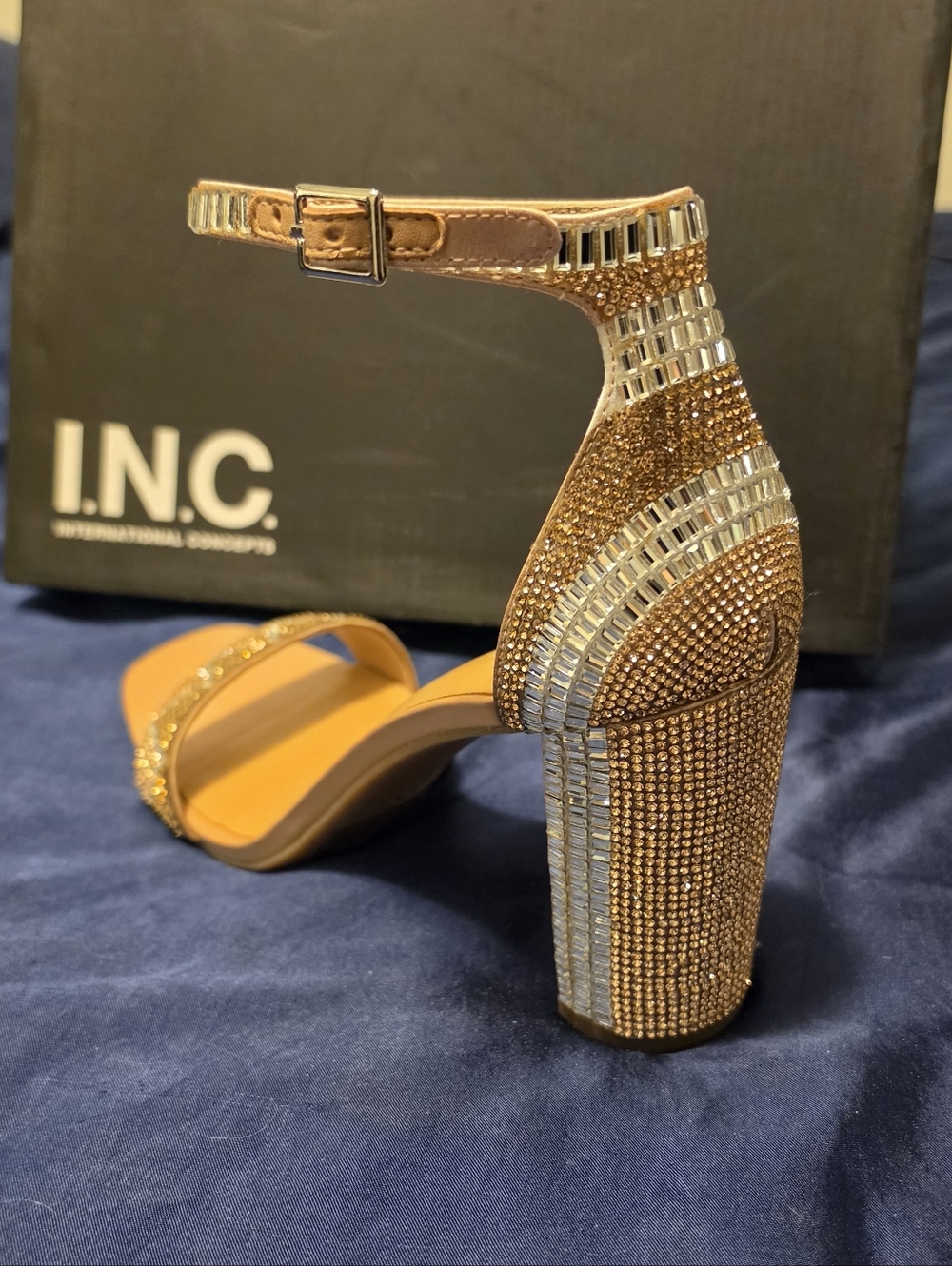 INC International Concepts Women's Gold-Silver Rhinestone Block Heel Sandals